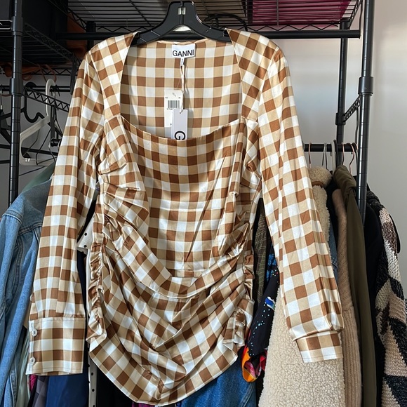 GANNI Silk Check Draped Blouse 10 - Picture 8 of 10